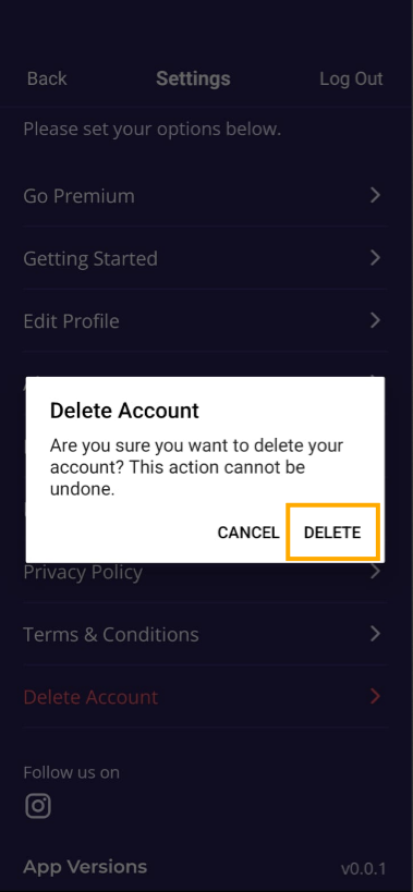 Screenshot showing the 'Delete Account' confirmation dialog with 'DELETE' button highlighted.