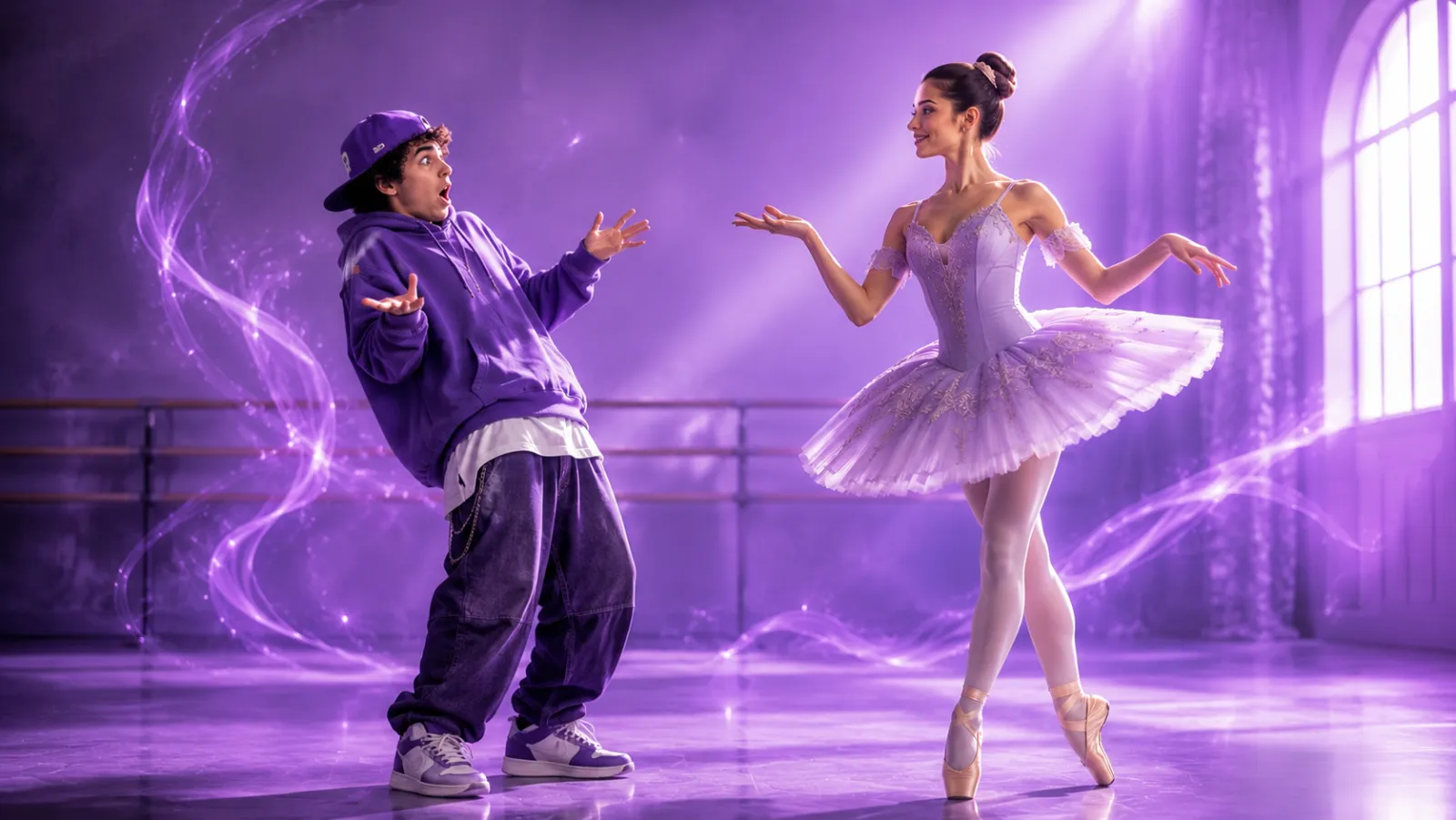 A hip-hop dancer and a classical ballet dancer facing each other in a purple-lit studio, representing two different singing traditions