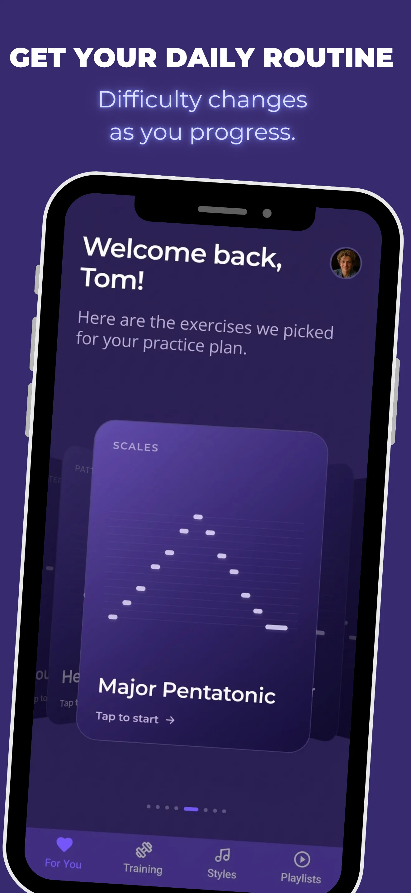 Time to Sing app's For You screen showing a personalized daily practice set, including a Major Pentatonic scales exercise card, with difficulty adjusting as you progress