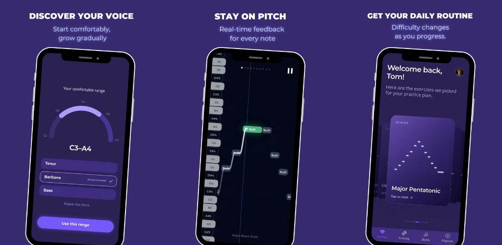 Time to Sing app screens: Voice Range Check, the Voice Tuner with target notes on a piano-roll display, and the daily practice plan