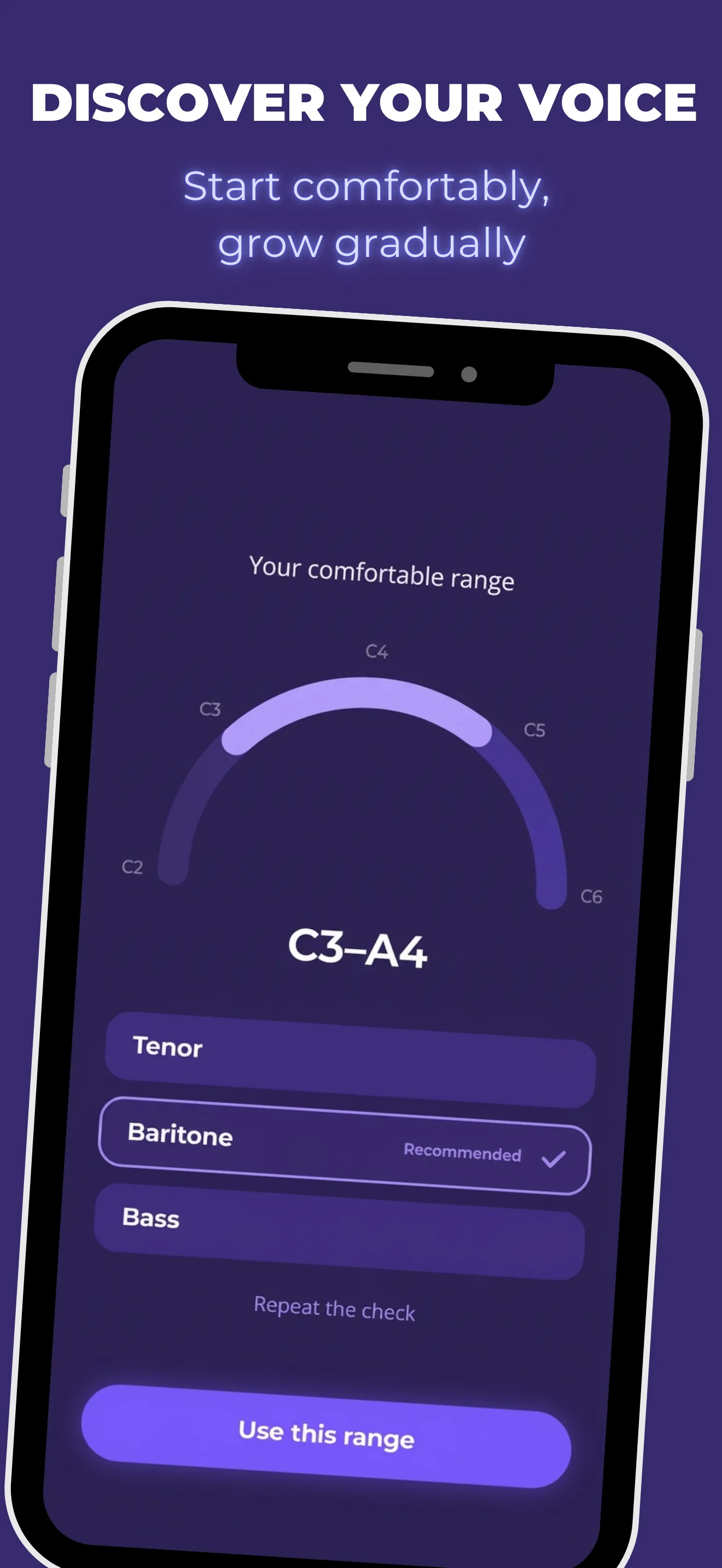 Time to Sing App: Ergebnis des Voice Range Check — ein bequemer Stimmumfang von C3–A4, Empfehlung Bariton, und ein Button „Use this range"