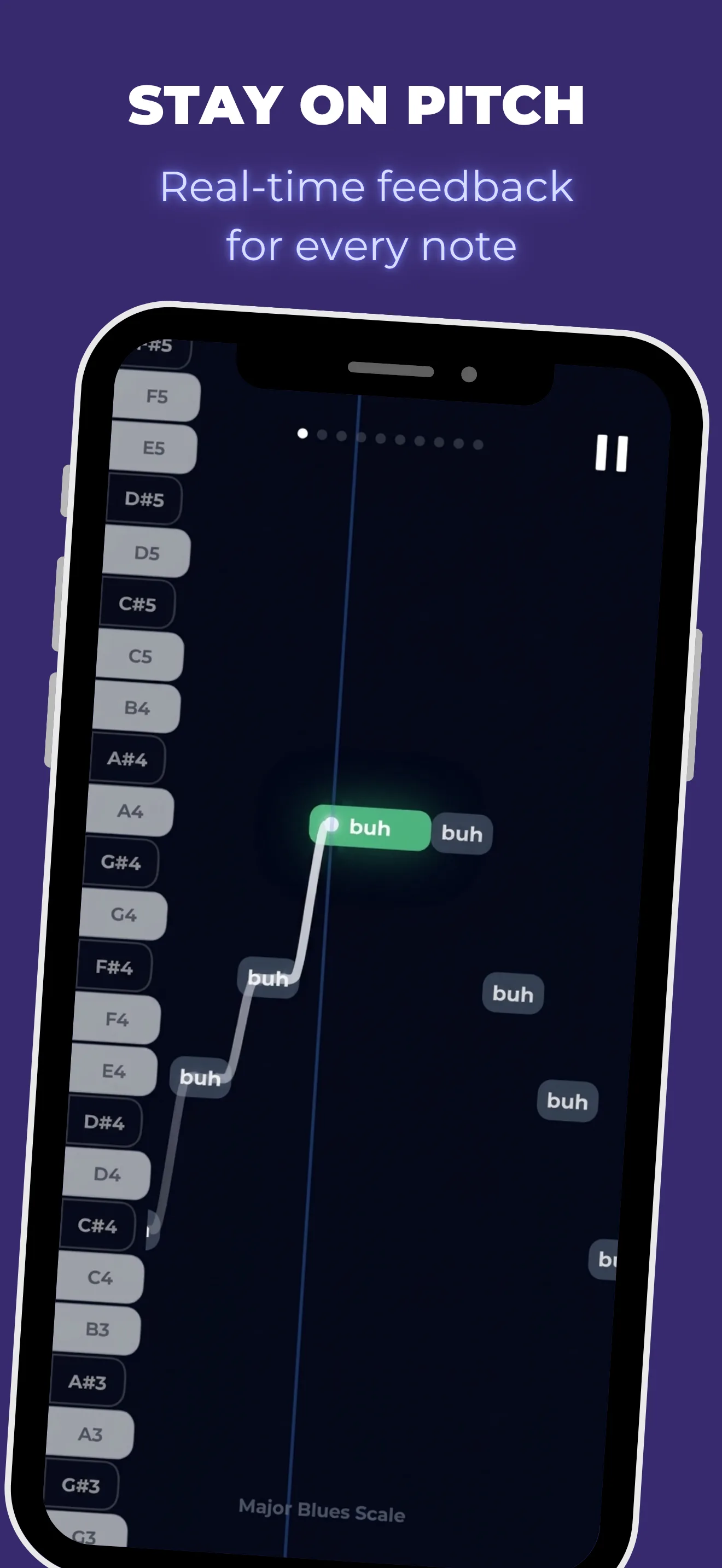 Time to Sing app's Voice Tuner screen showing target notes on a piano-roll display during a Major Blues Scale exercise, with the current note highlighted green for being on pitch