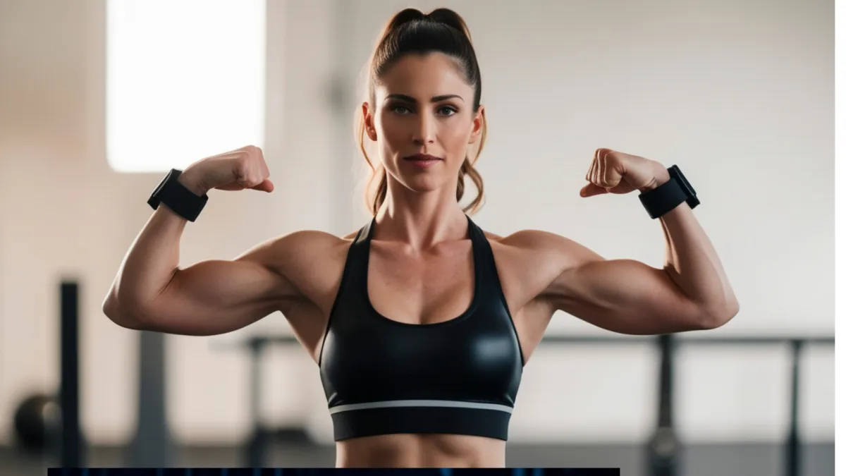 Woman in a gym flexing her biceps while holding dumbbells, representing the TA muscle as the voice's "bodybuilder"