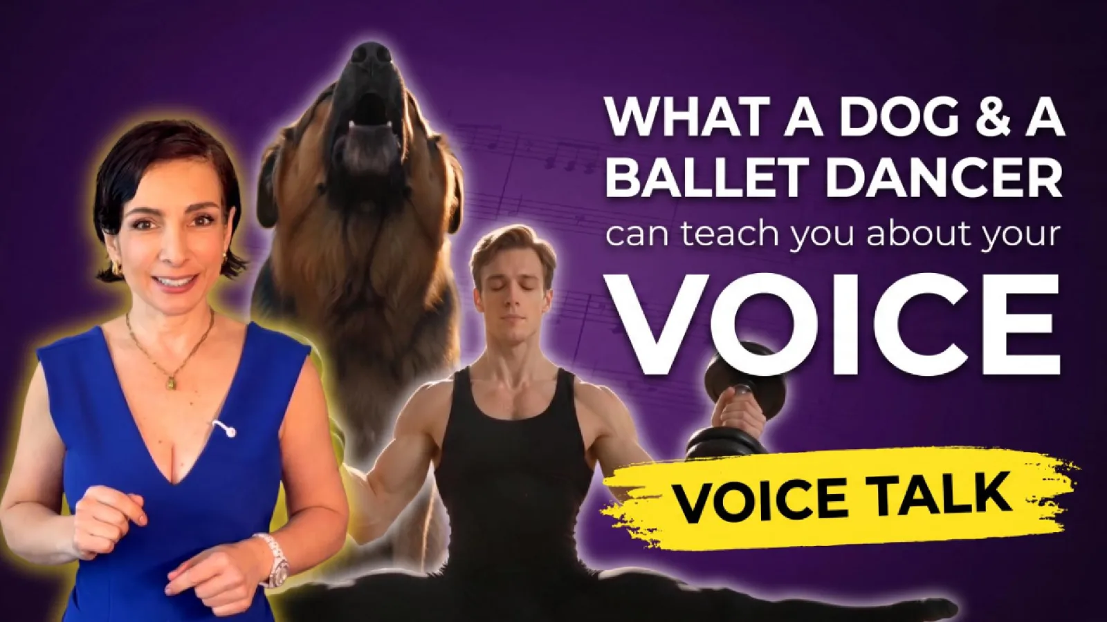 Video cover with a howling dog, a ballet dancer, and a dumbbell illustrating the two muscle systems behind the human voice